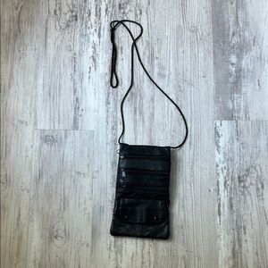Black Leather Crossbody Bag with 5 Pockets